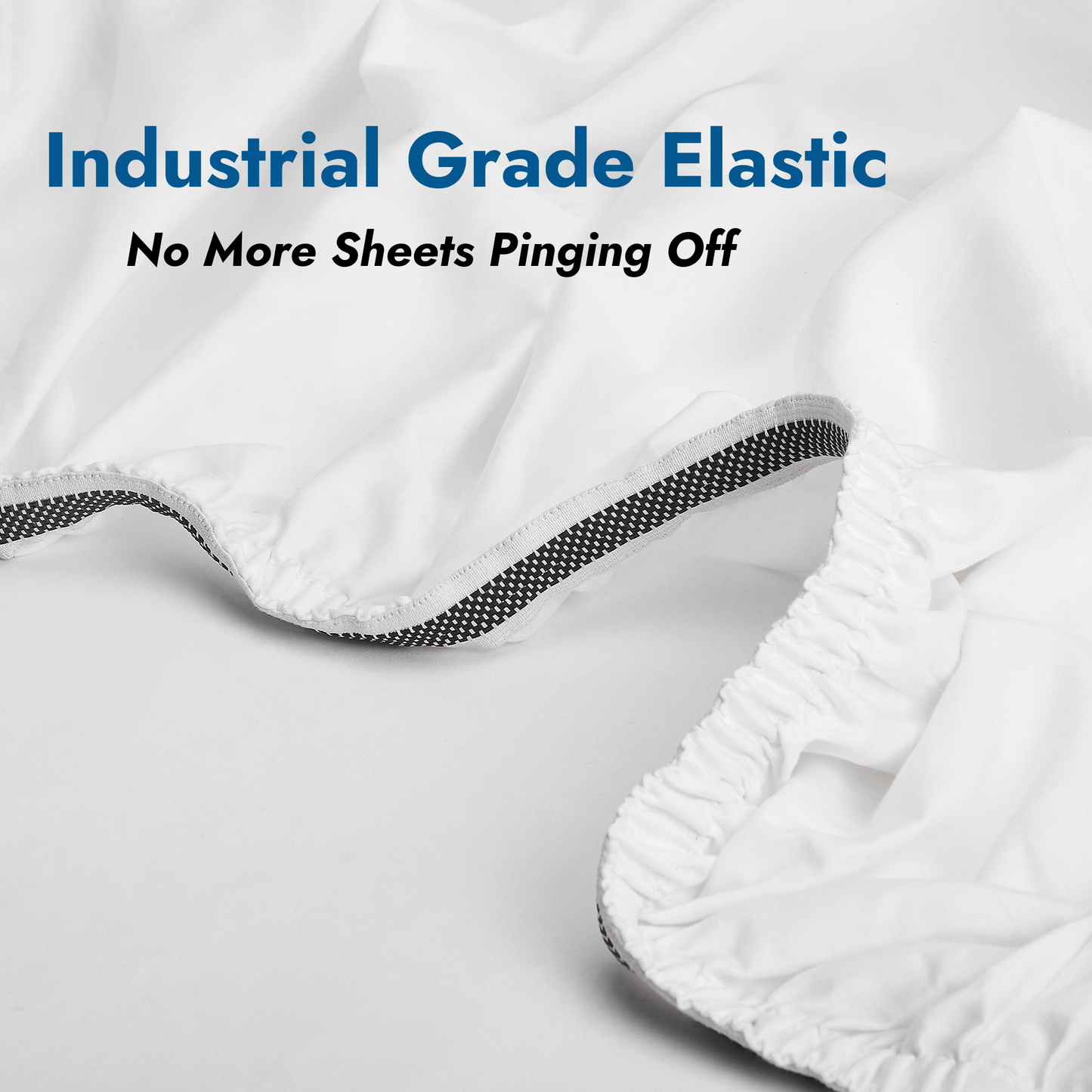 Industrial-grade elastic on deep fitted sheet — stays on thick mattresses all night, never comes off or slips off.