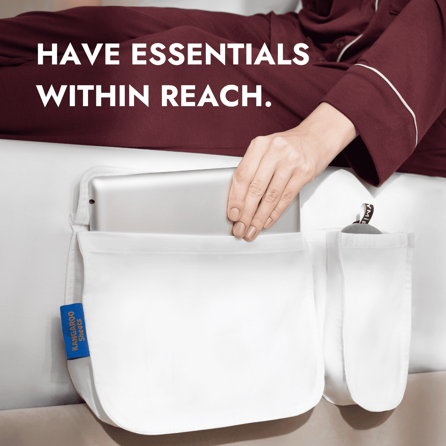 Organic cotton fitted sheet with side pockets - bedside essentials within reach